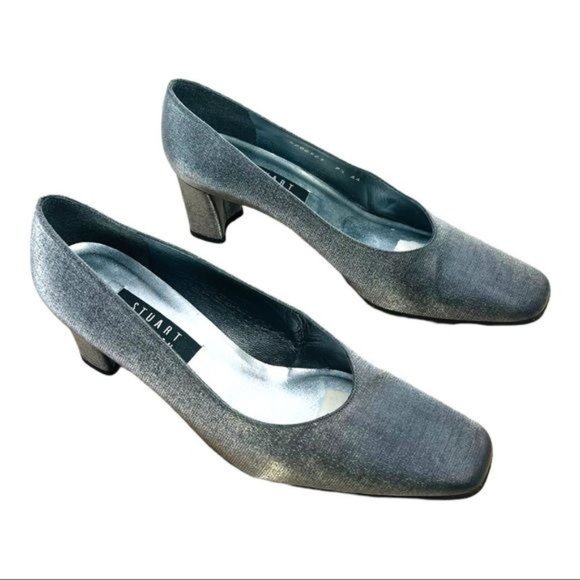 Stuart Weitzman Shoes - Stuart Weitzman Anna Pewter Matte Lame Pumps 2.5 Inch Block Heel Women’s Size 9